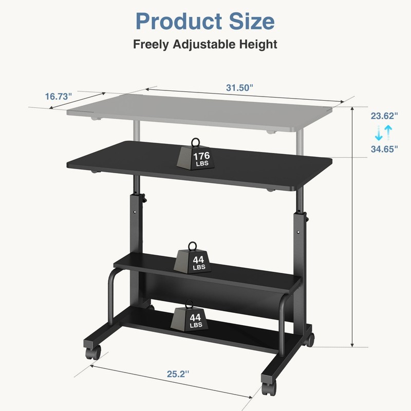 31.5″ Manual Standing Desk w/2 Tier Storage,Height Adjust,Mobile Computer Desk