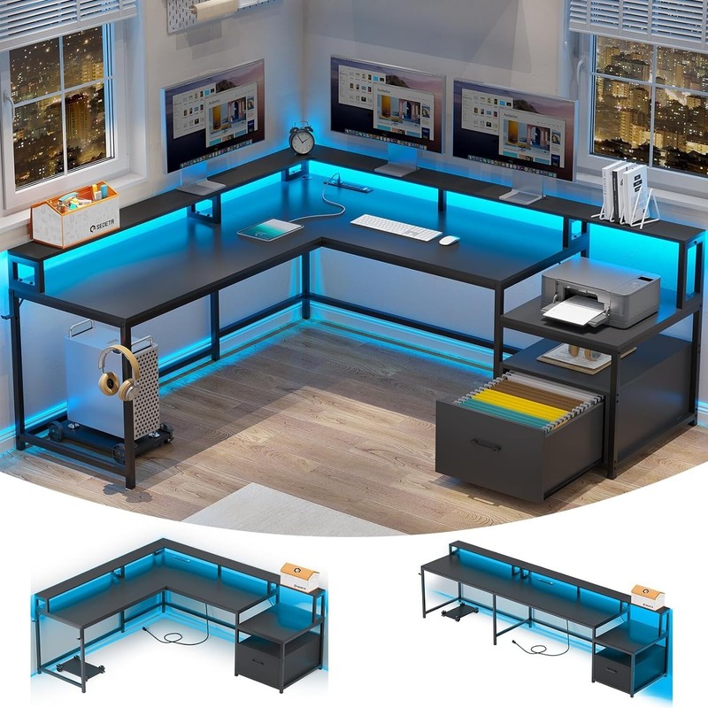 L Shaped Computer Desk with Led Lights 66″ Home Office Desk with Power Outlet