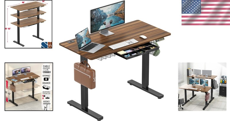 Modern Walnut Electric Adjustable Standing Desk with Cable Management & Drawer gallery