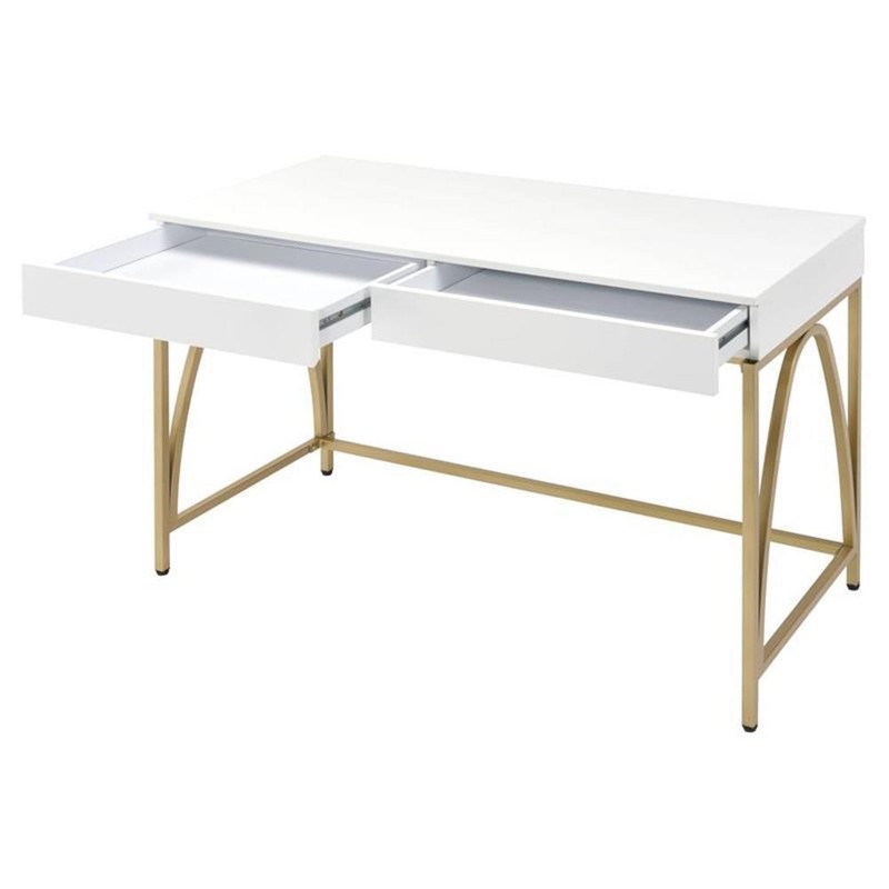 Pemberly Row Lightmane Wooden Top Writing Desk in White High Gloss and Gold