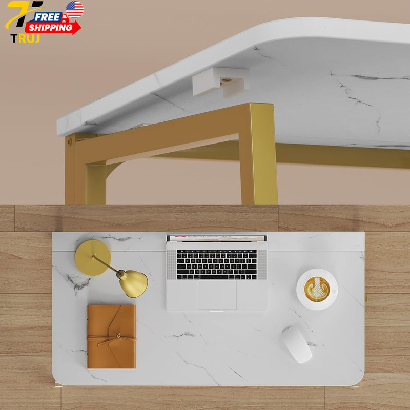 White Marble Folding Desk, 31.5" Small Desk for Small Spaces with Gold Legs Easy gallery