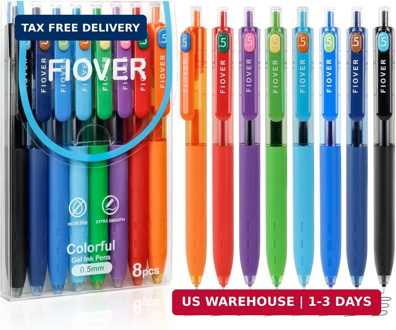 FIOVER Colored Gel Pens, 8 Pack 0.5mm Quick Dry Fine Point Pens, Smooth Writing