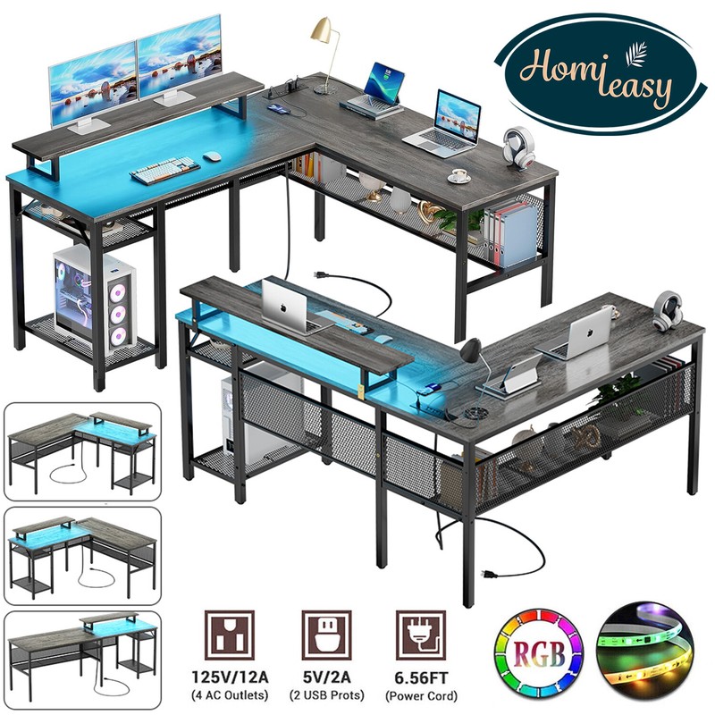 55″ Reversible L-Shaped Computer Desk Gaming Desk with Smart LED Light ＆ Outlets