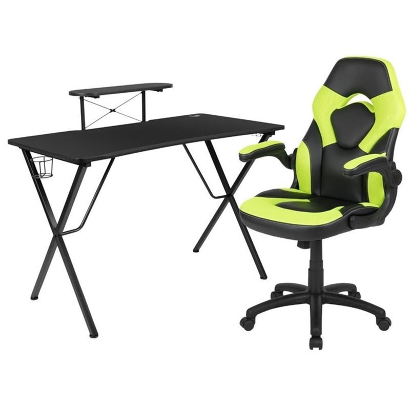 Flash Furniture 2 Piece Gaming Desk Set with Monitor Stand in Black and Green