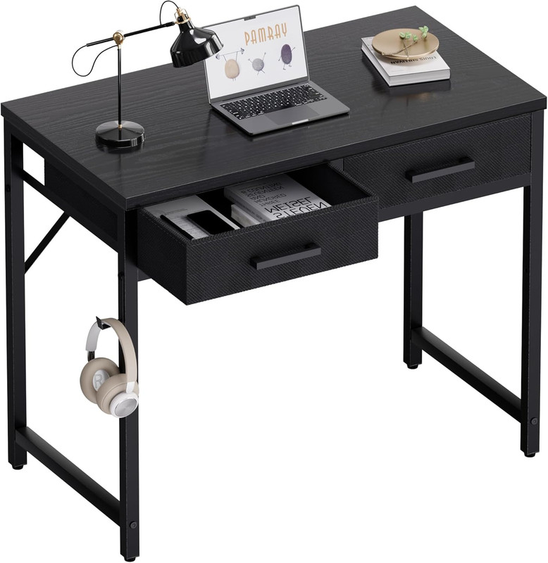 32″ Small Computer Desk With 2 Fabric Drawers Compact Writing Study Table Black