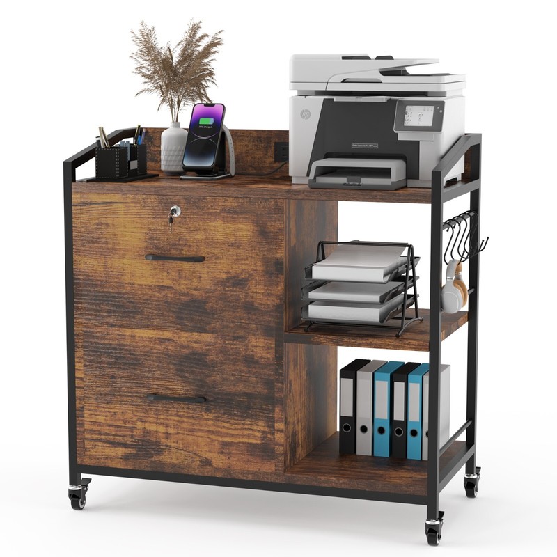 Printer Stand Rolling Cart Storage Shelf End Table Home Office w/Power Outlet