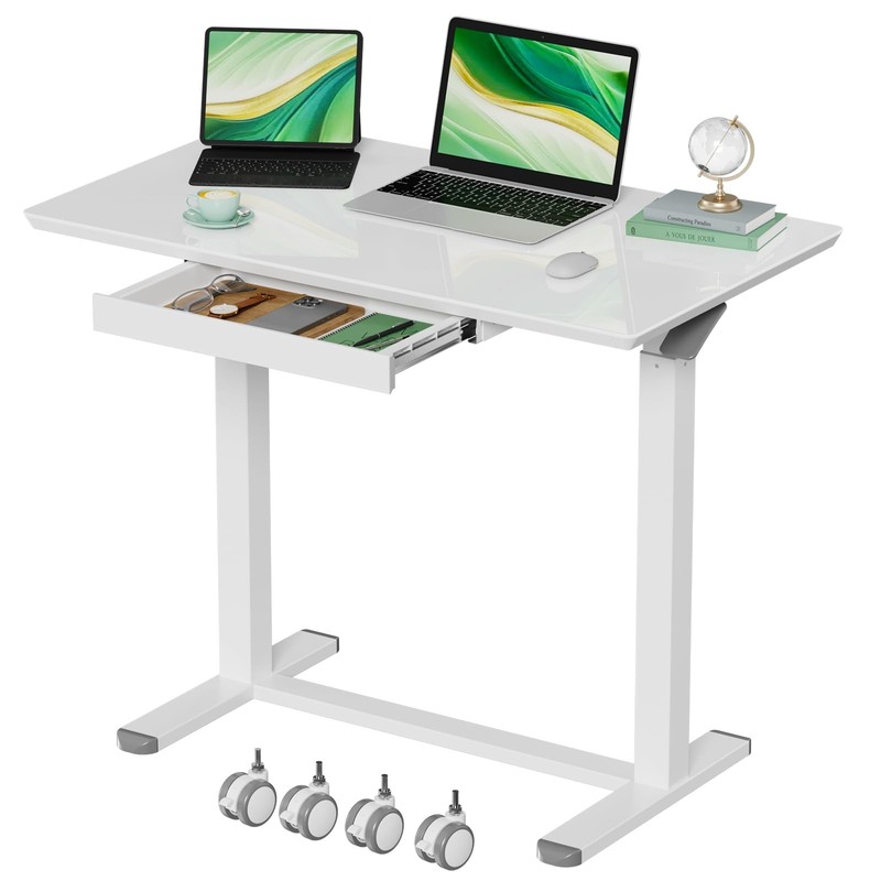 Glass Standing Desk with Drawers,35inch Small Mobile Laptop Desk, Height Adju…