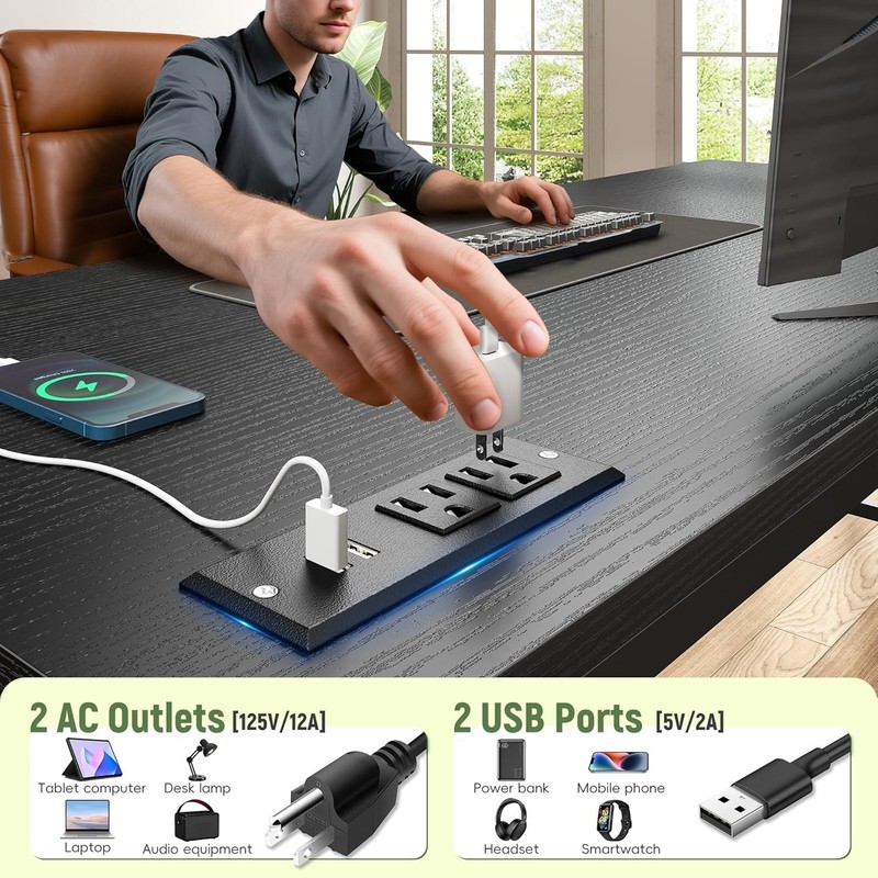 39.3Inch Office Desk with Power Outlet & Drawer, Gaming Desk with CPU Stand& LED gallery