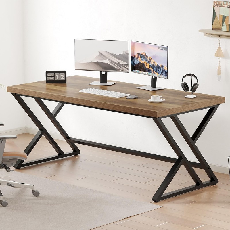 Long Workstation for Computer, Large Industrial Office Desk for Home, G...