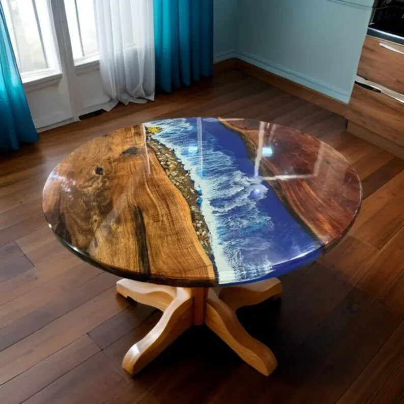 Handmade Ocean Wave Epoxy Coffee Table with Acacia Wood – Stunning Patio Decor