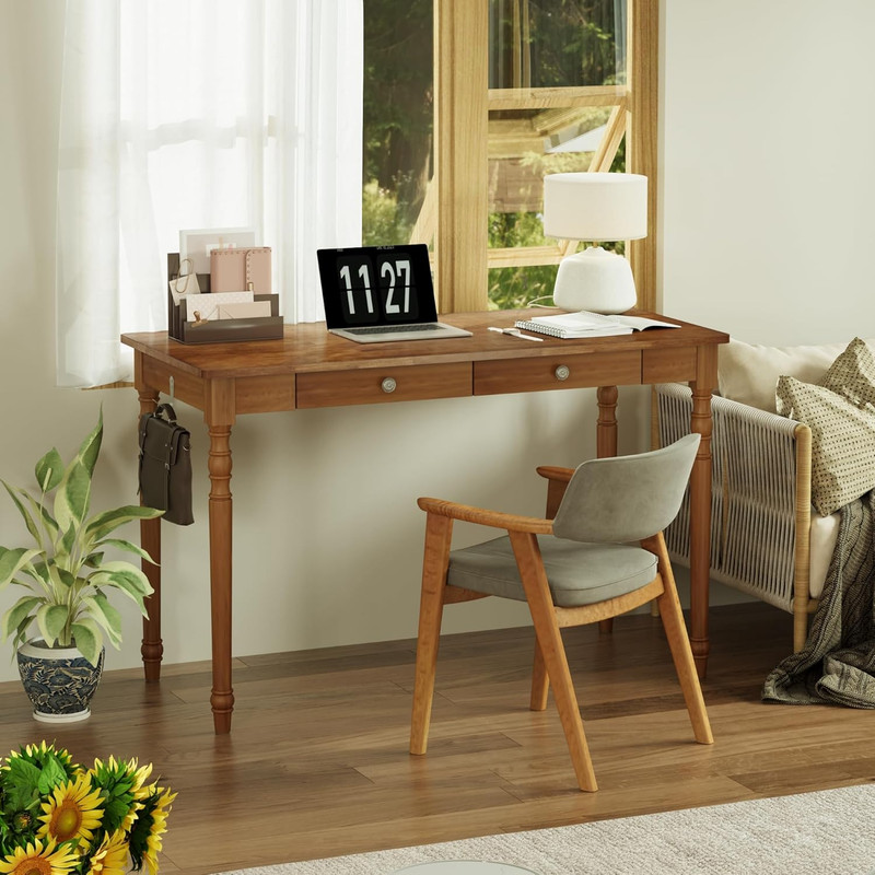 Mid Century Modern 48" Desk - Walnut Rubber Wood with Drawers & Hooks gallery