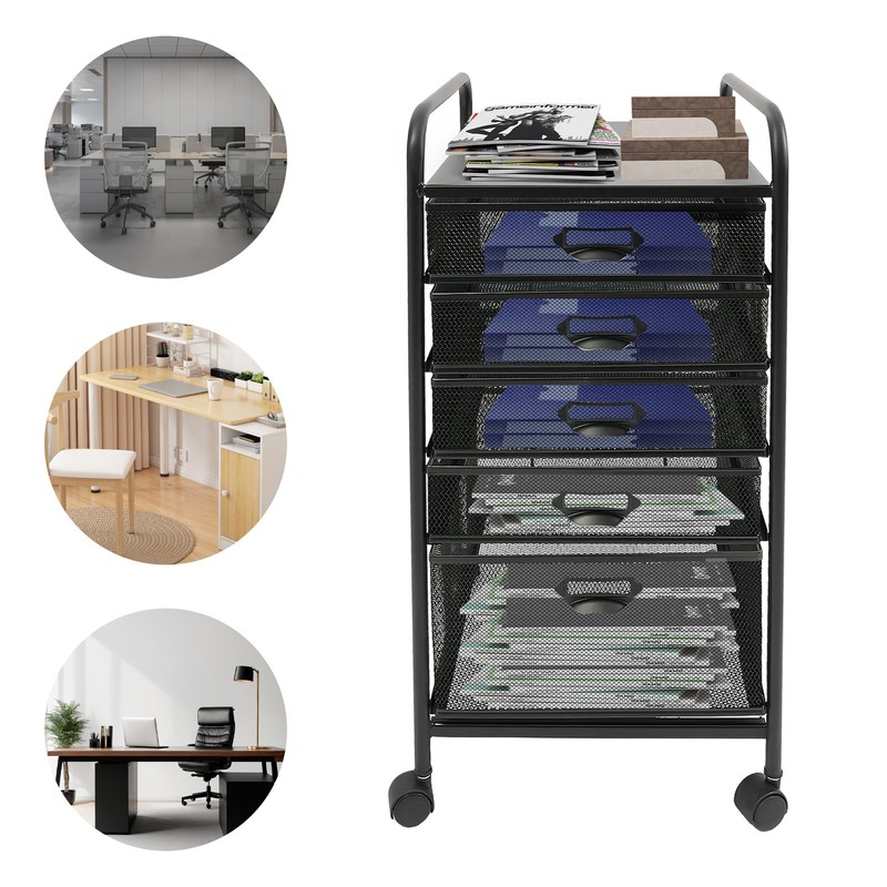 5-Drawer Rolling Storage Cart, Utility Cart with Drawers, Black Metal Craft Cart