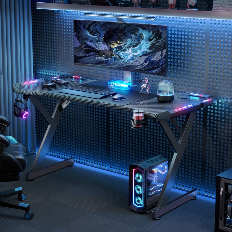 Gaming Desk with LED Light, Computer Desk with Headphone Hook & Cup Holder
