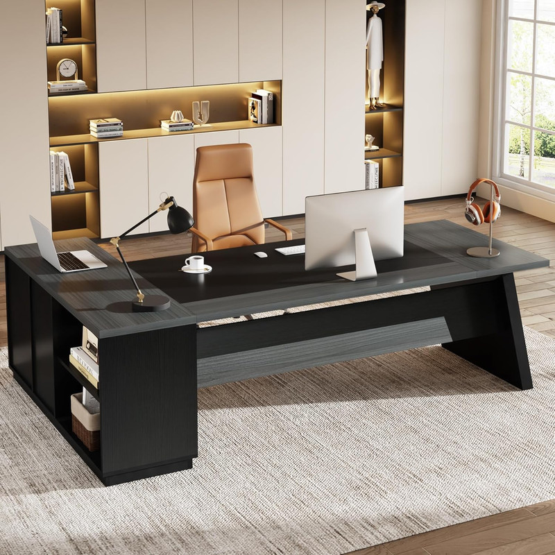 Modern L-Shaped Executive Desk with Storage, Grey & Black Home Office Furniture