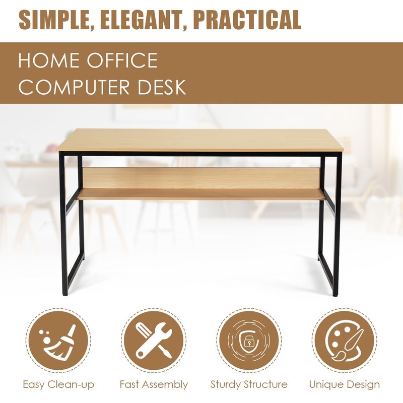 55" Computer Desk Writing Table Workstation Home Office w/Bookshelf Natural gallery