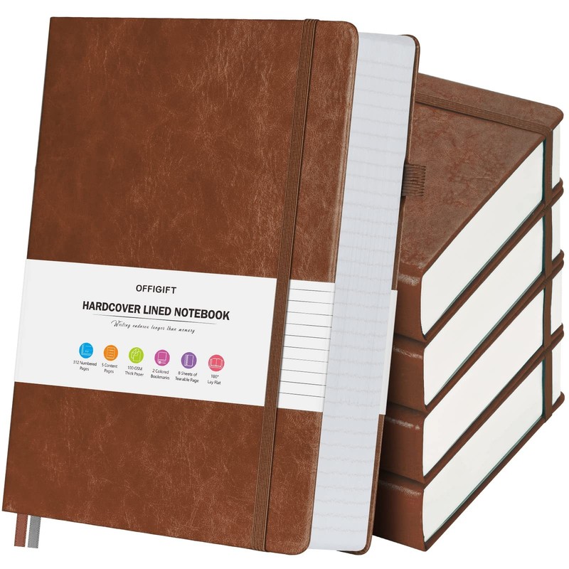 5 Pack College Ruled Notebook, 312 Numbered Pages, 100gsm, A5 Hardcover Leather