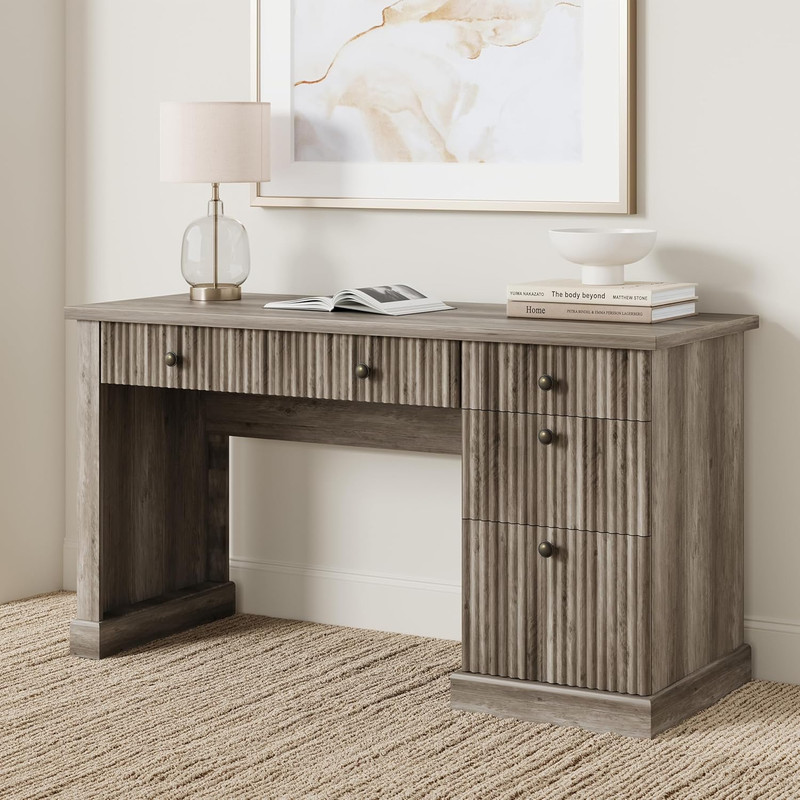 54» Fluted Home Office Desk with Storage, Modern Executive Desk with Charging S