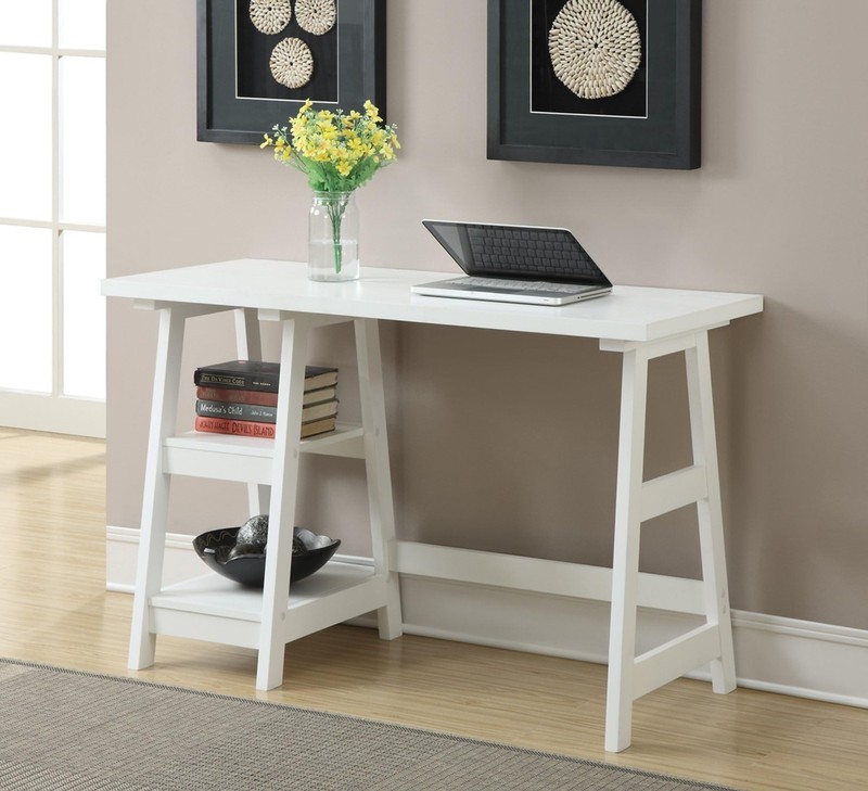 Convenience Concepts Designs2Go Trestle Desk with Shelves in White Wood Finish gallery