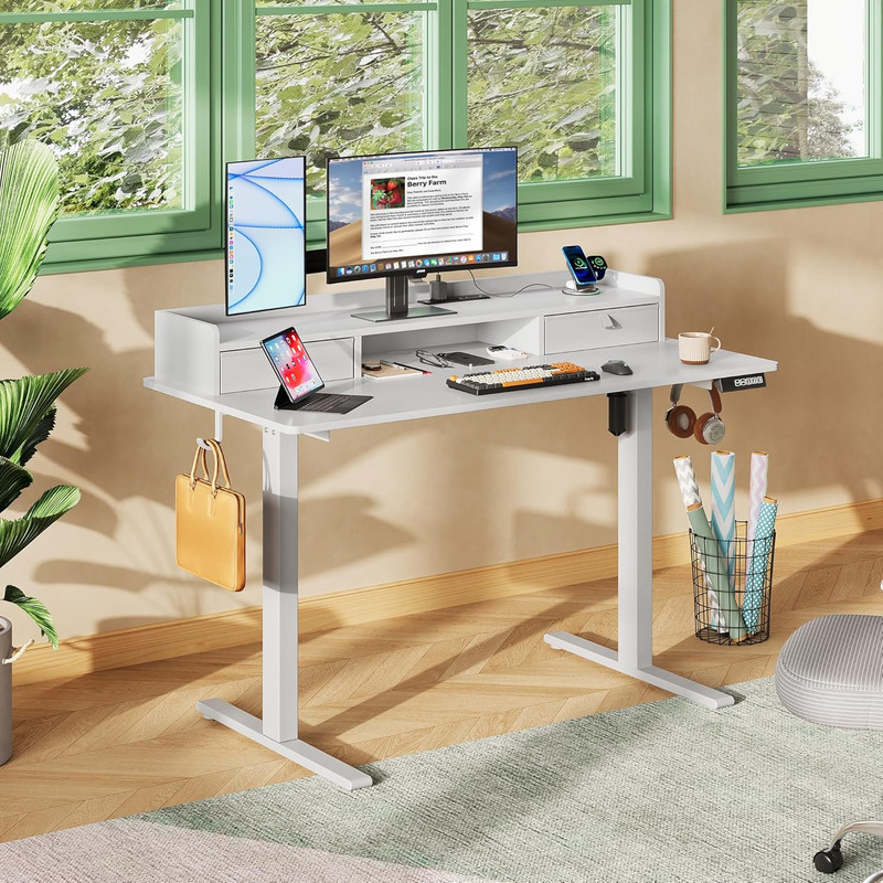 Adjustable 48x24 Inch Electric Standing Desk with 2 Drawers & Storage Shelf gallery