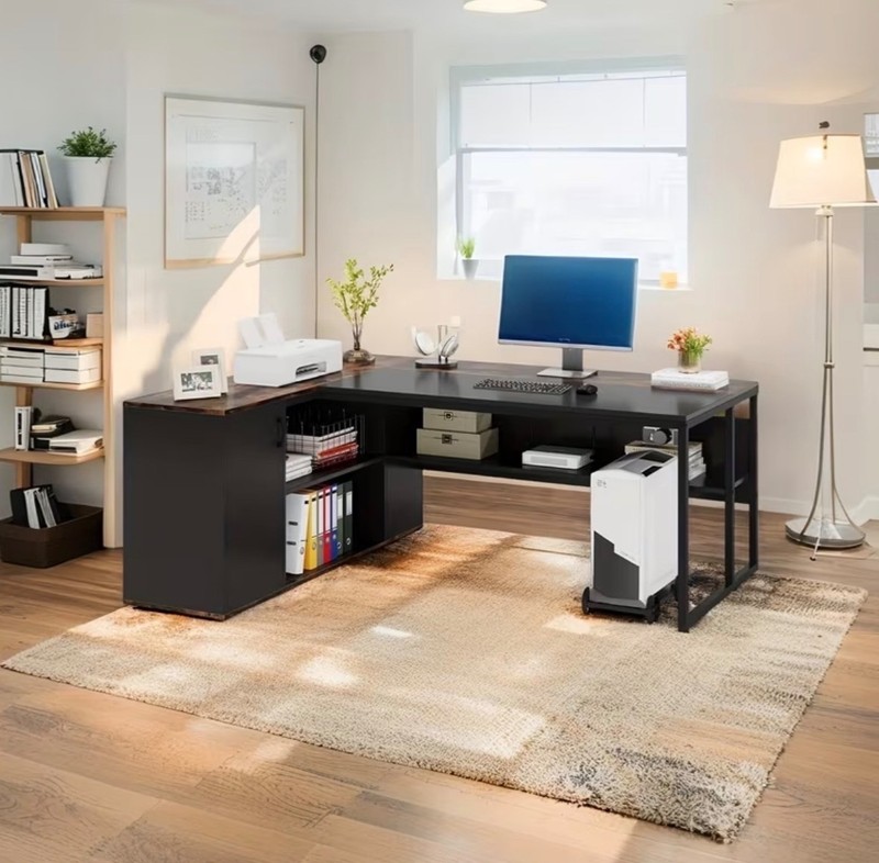 71" L-Shaped Executive Desk,Large Office Desk With Lateral Cabinet & Open Shelve gallery