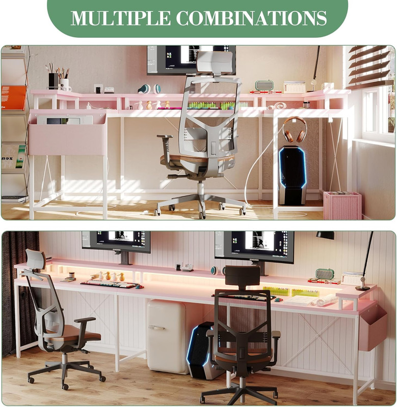 79" U Shaped Large Computer Desk with Power Outlets & LED Lights, Gaming Desk wi gallery