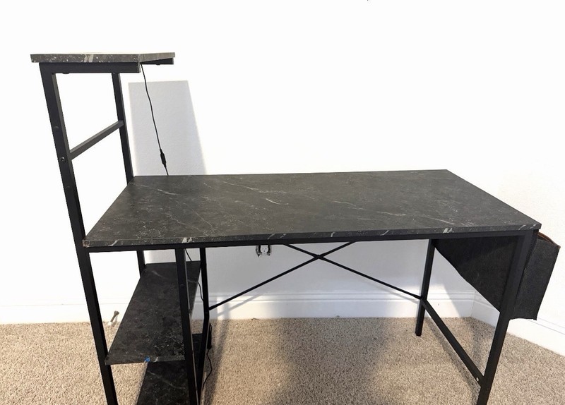Black Matte Modern Computer Desk with 2 Shelves, Metal & Dark Wood