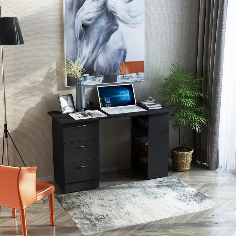 Computer Desk 47 Inch with 3 Drawers and Shelves Reversible Home Office Black