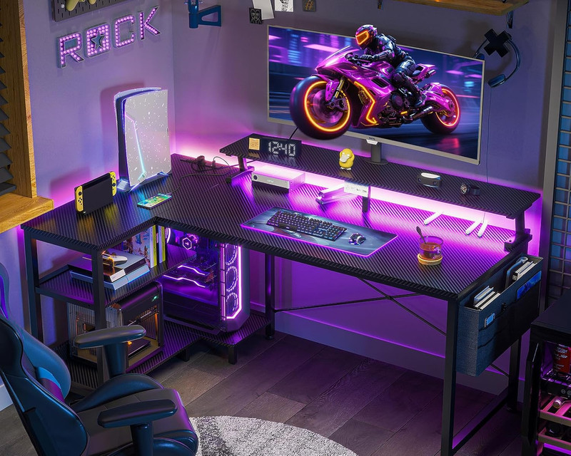 48 Inch Gaming Desk with USB Charging Ports and LED Lights, Reversible L Shaped gallery