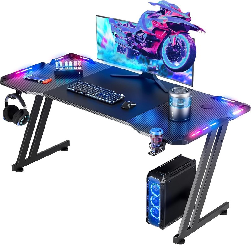 47 Inch Gaming Desk with LED Lights Carbon Fibre Surface Large Computer Desk