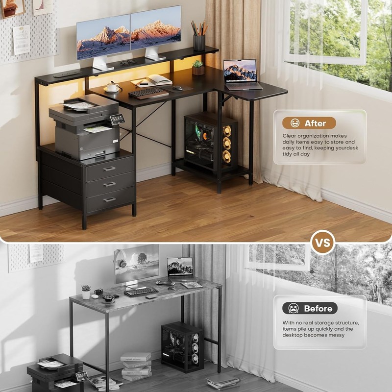 Computer Desk with Led Lights, Power Outlets & Storage Shelves, Home Office Desk gallery
