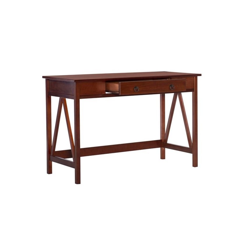 Linon Titian Pine Wood Classic One Drawer Desk in Rich Tobacco Brown Finish gallery