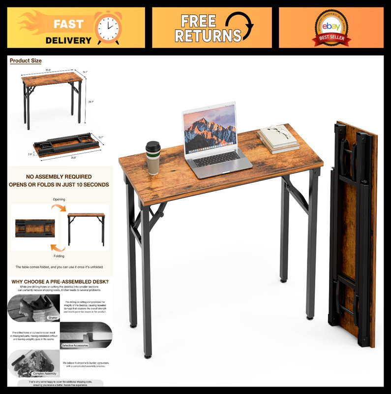 Compact Folding Computer Desk – 35.8″ Portable Office Table for Small Spaces, No