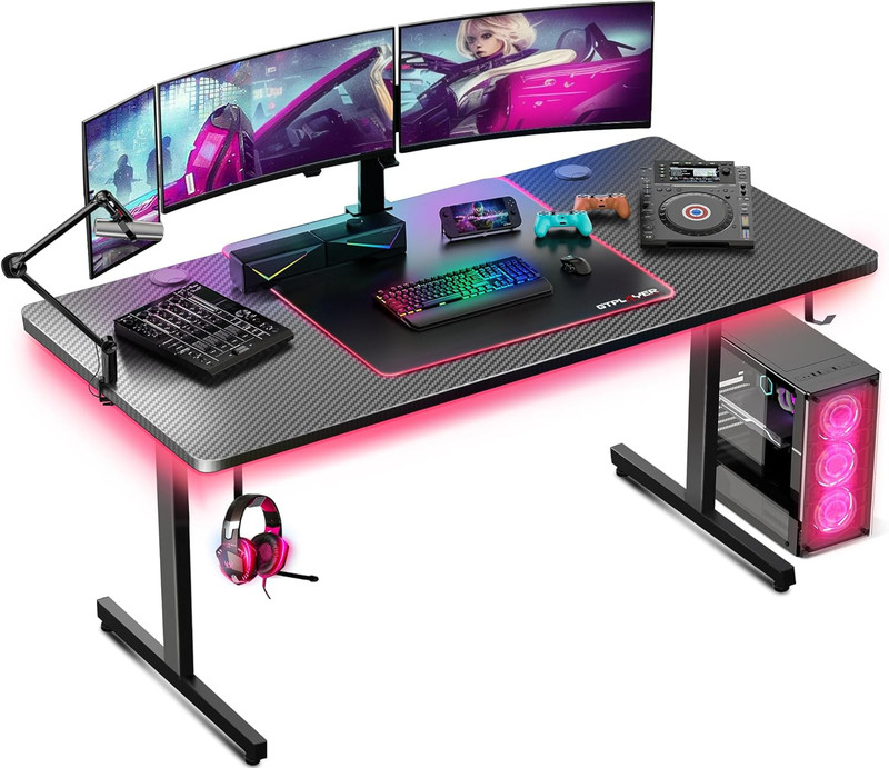 55″ LED Gaming Desk with Mouse Pad & Headphone Hook – T-Shaped Carbon Fiber
