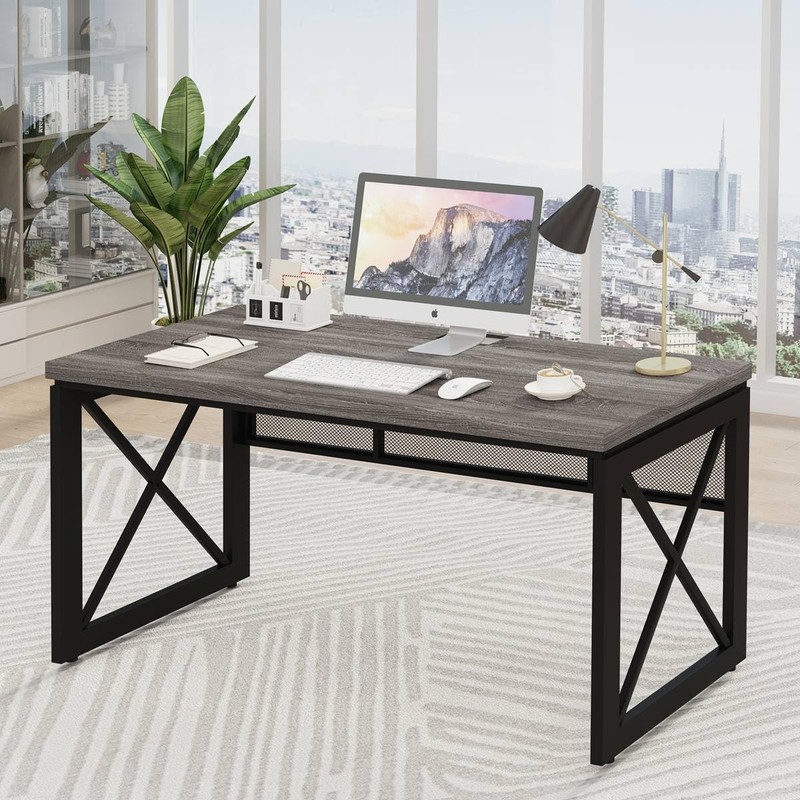 BON AUGURE Industrial Computer Desk, Rustic Wood Desks for Home Office, Sturd…