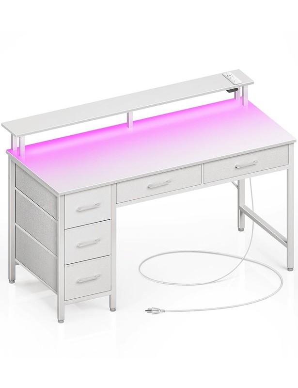 Computer Desk with Power Outlets & Light, 55 inch Home Office Desk with 5 Dra…