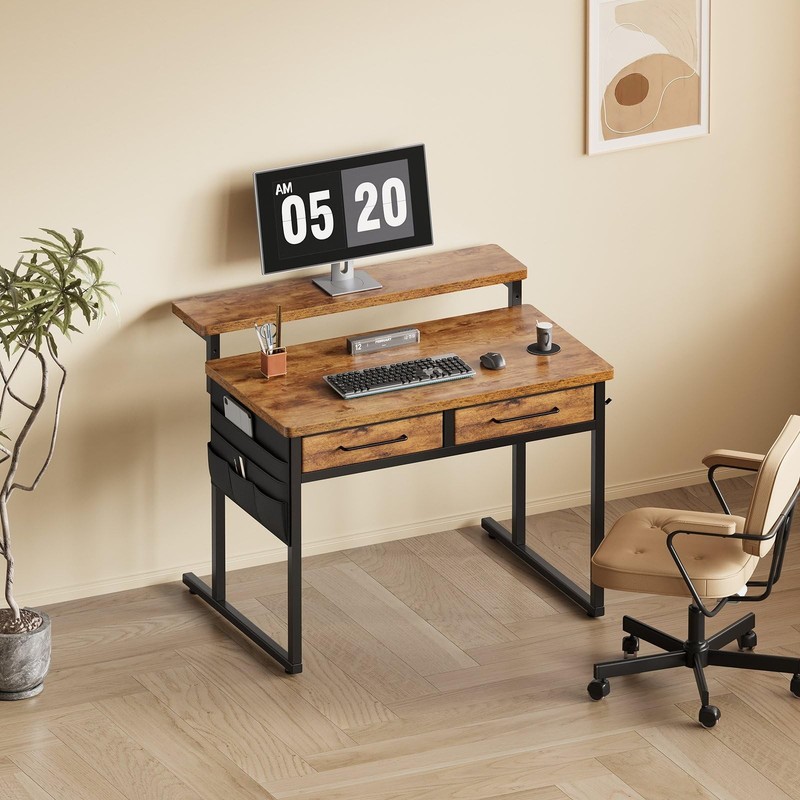 Small Desk with Drawers, 31.5X15.8-22.9 Inches Office Computer Desk with Side…