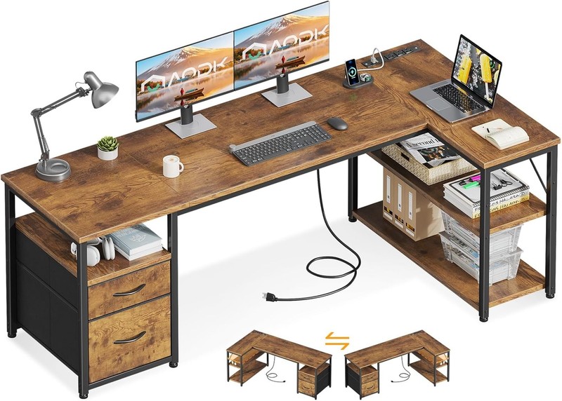 63 inch L Shaped Computer Desk with Drawers, Reversible Computer Desk with