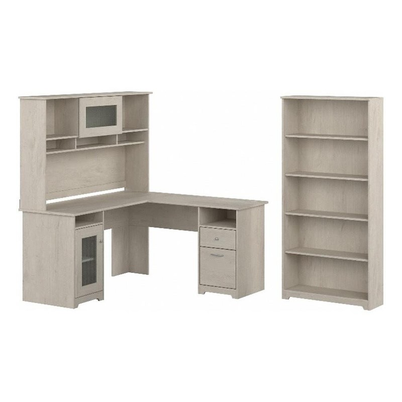 Pemberly Row L Shaped Desk with Hutch & Bookcase in Linen White Oak