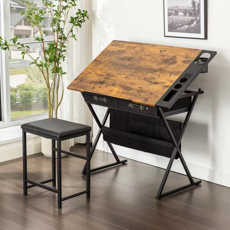 Height Adjustable Drafting Table Drawing Table Set 23.6 In. Rectangle Brown Wood