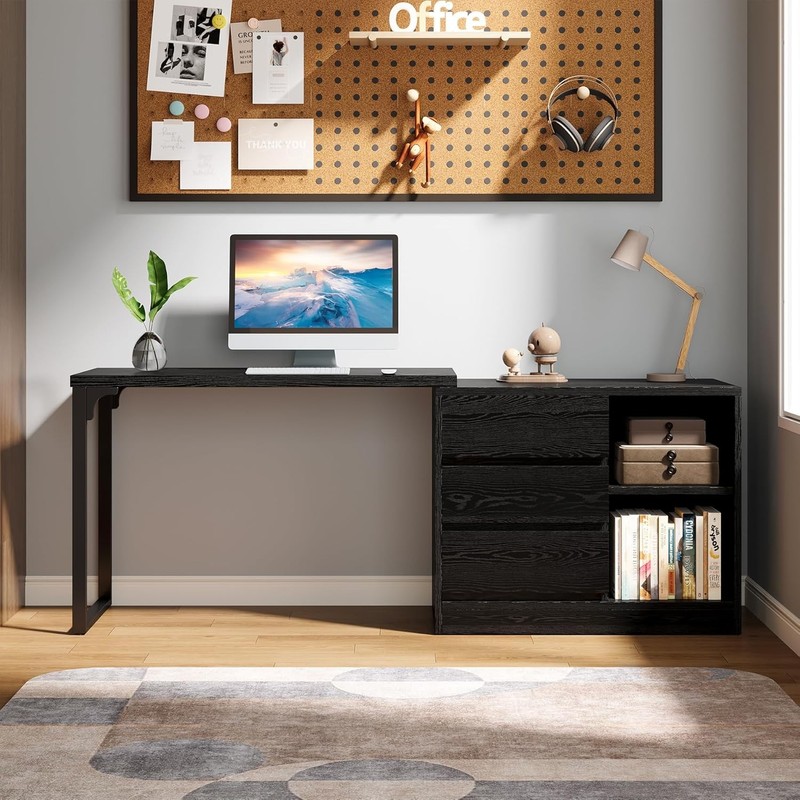 Black L-Shaped Computer Desk with Drawers, Modern Reversible Corner Office Desk gallery