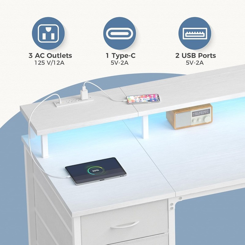 48 inch Computer Desk with Drawers & Power Outlets, Home Office Desk with LED gallery