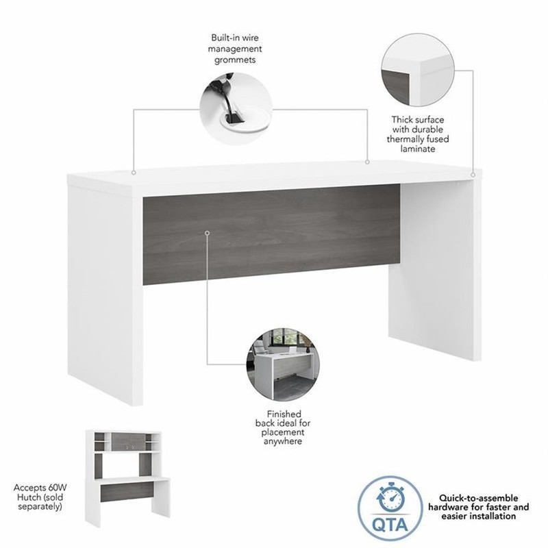 Maklaine Engineered Wood 60W Credenza Desk in Pure White and Modern Gray gallery