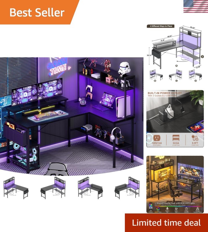 L Shaped Gaming Desk with Power Outlets & LED Lights, Small L- Shaped Desk Co…