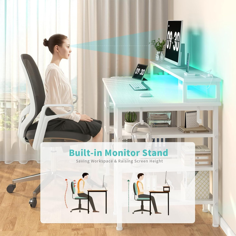 47" White Desk with Storage, LED Lights & Power Outlets for Home Office/Gaming gallery
