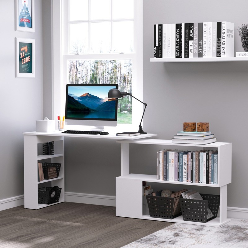 L-Shaped Corner Computer Desk Rotating Home Office Workstation with Shelves gallery