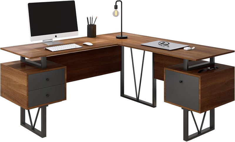 Reversible L Shaped Desk with File Cabinet and Drawers 59” W – Modern Versatile
