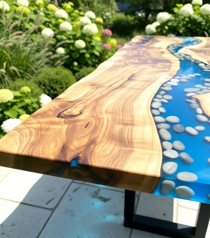 Blue Resin River Live Edge Dining Table with Pebbles | Handmade Epoxy Wood Table gallery