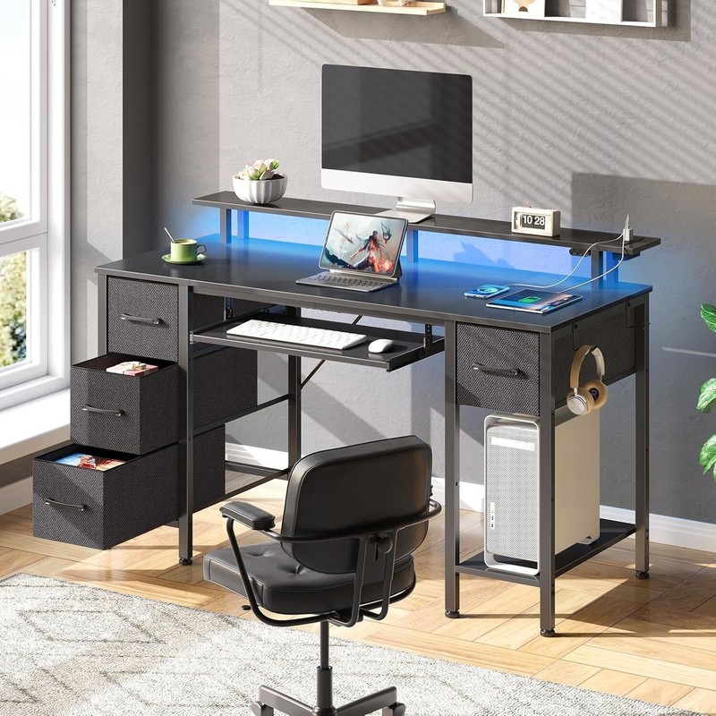 Computer Desk w/ LED Lights & Power Outlets Monitor Stand Writing Table 4 Drawer gallery