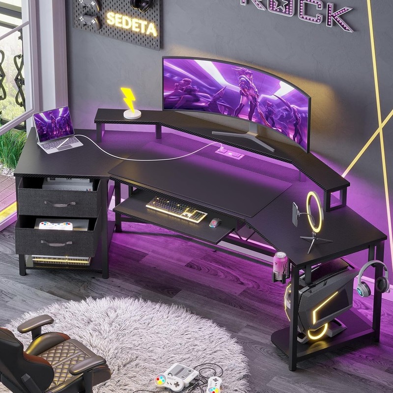 79" L Shaped Gaming Desk w/Storage Shelf&LED Light Computer Desk for Home Office