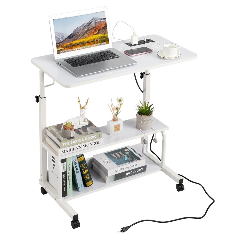 White Wood Grain Adjustable Computer Desk with 3 USB and 2 AC Outlets